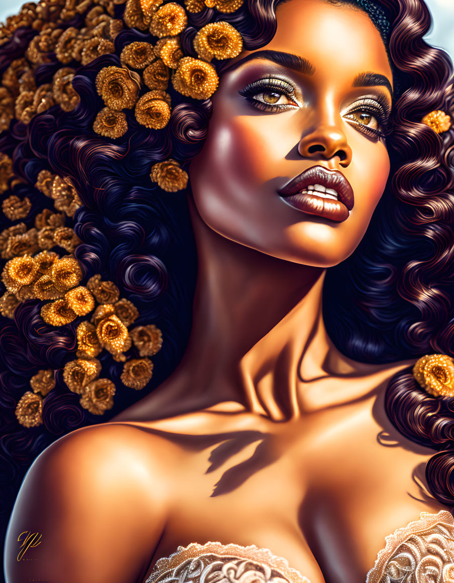 Voluminous Curly Hair Woman Portrait with Golden Flowers