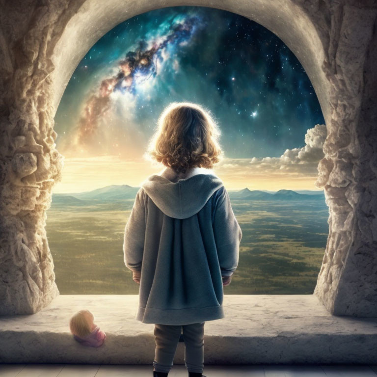 Child in cape gazes at vast landscape with doll under cosmic sky