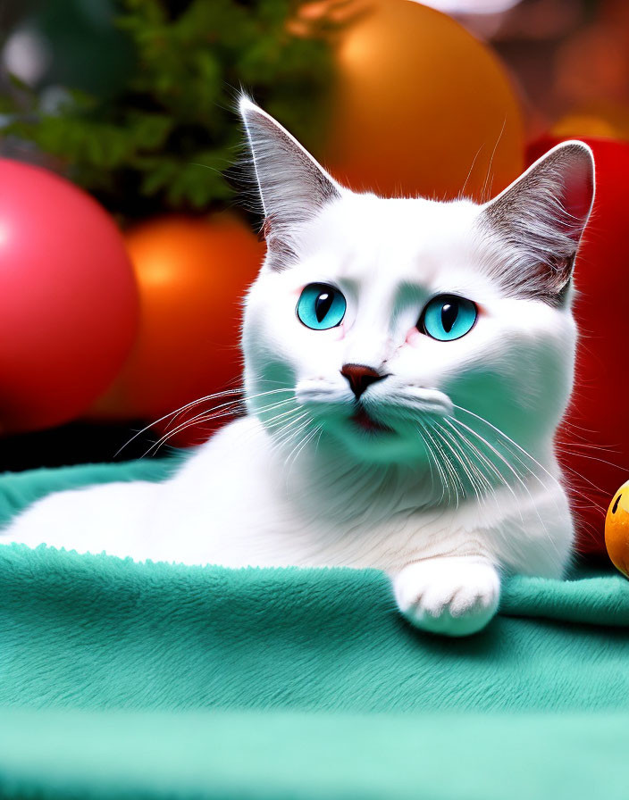 White Cat with Blue Eyes on Teal Blanket with Balloons and Foliage