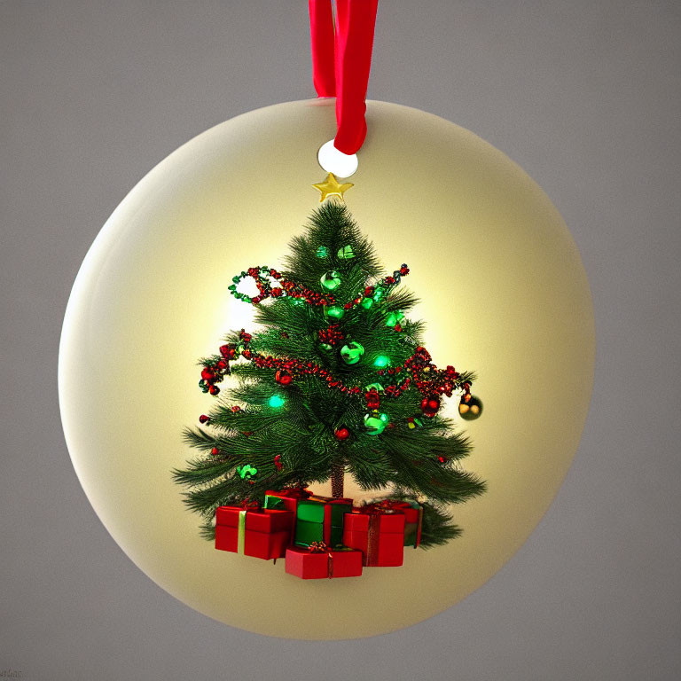 Shiny golden Christmas ornament with tree and gifts design