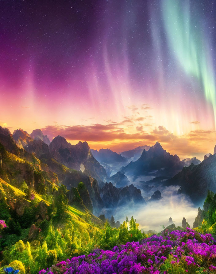 Colorful Aurora Borealis Over Mountainous Landscape