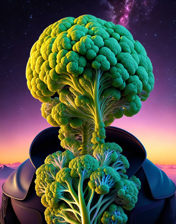 Large broccoli floret resembling a tree in a pot against cosmic mountains at twilight