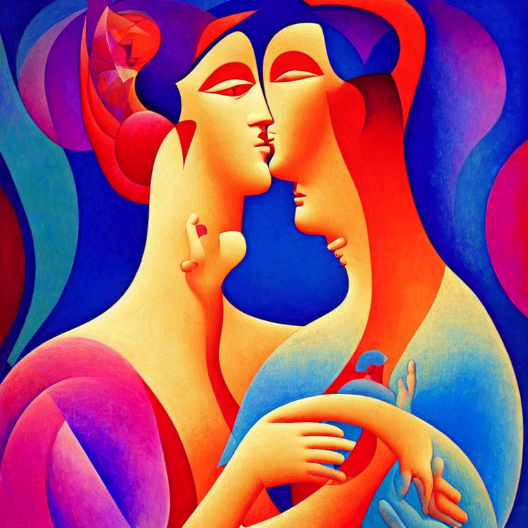 Colorful Abstract Artwork: Intertwined Figures in Embrace