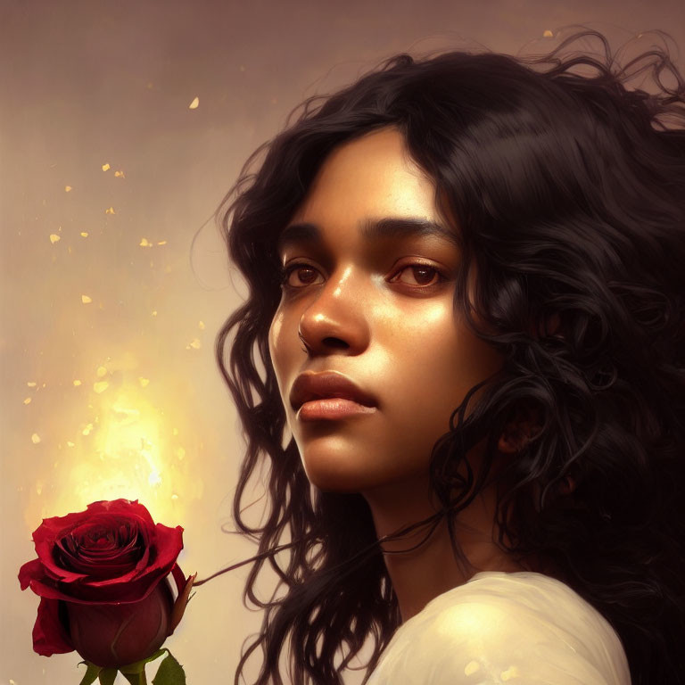 Digital painting of woman with dark curly hair holding red rose and dreamy look, surrounded by floating light