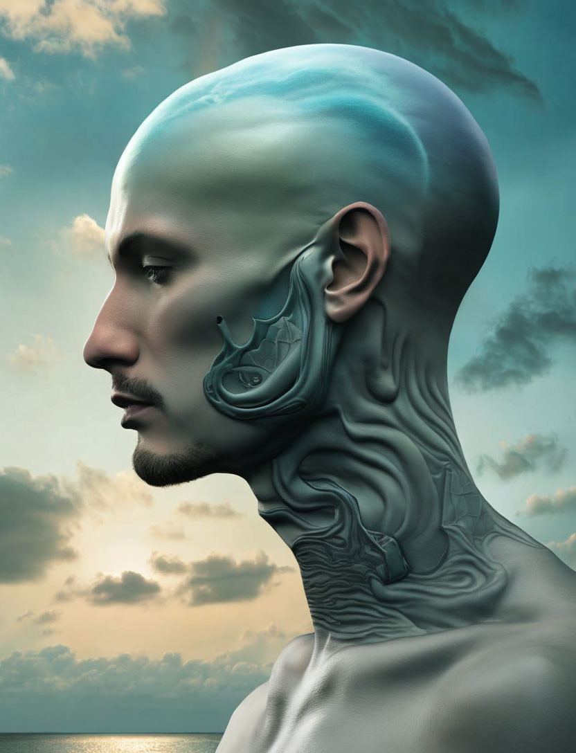 Humanoid profile with cyborg features against cloudy sky and calm sea.