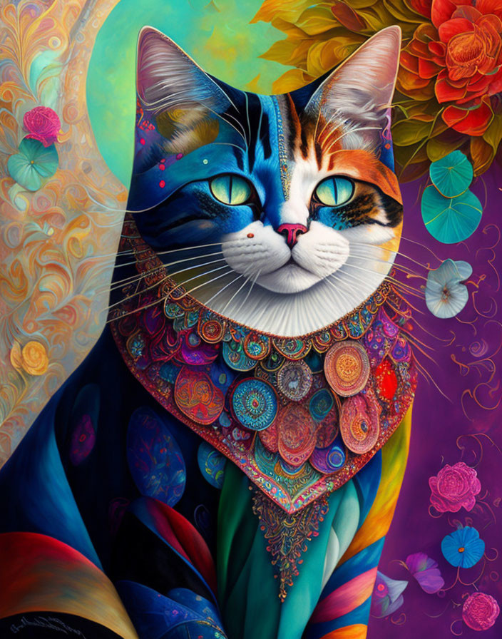 Colorful Cat Artwork with Floral Background and Detailed Patterns