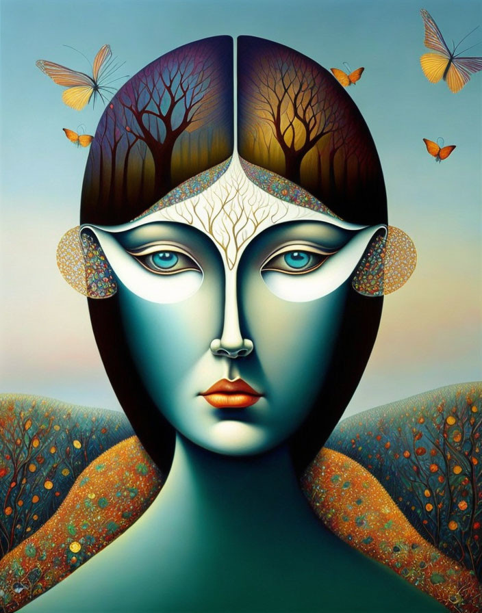 Symmetrical face with surreal tree branch, butterflies, and landscape.