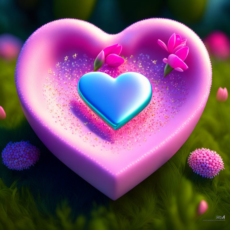 Colorful digital artwork featuring pink heart, greenery, and flowers