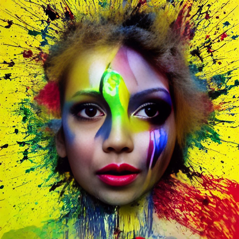 Colorful Abstract Portrait with Vibrant Face Paint on Woman