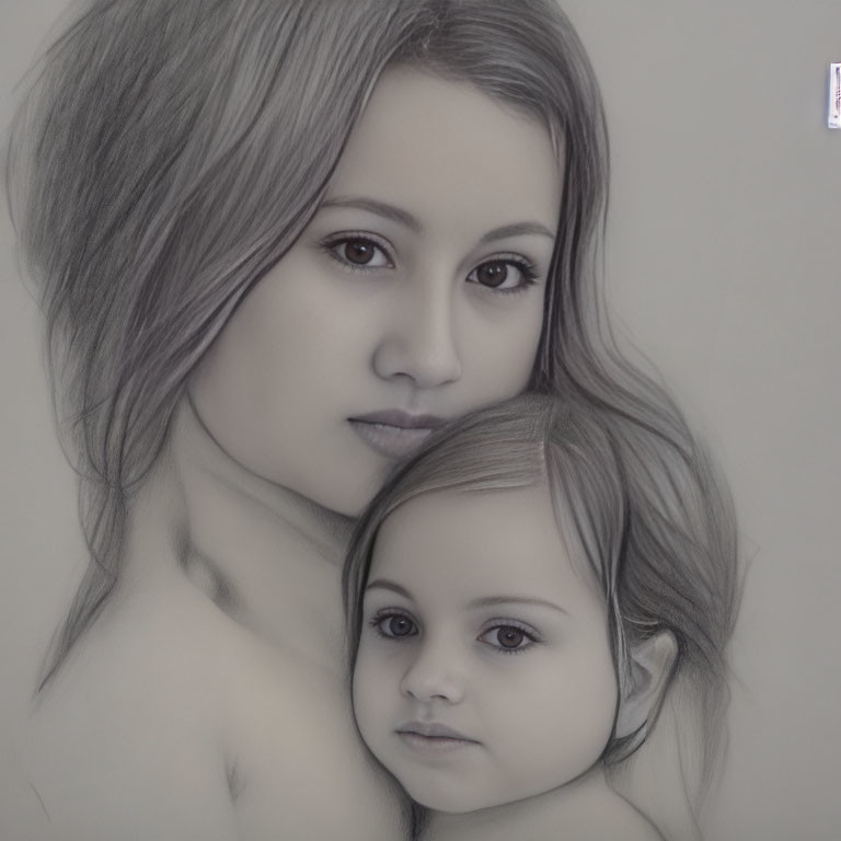 Detailed pencil drawing of woman and child with serene expressions