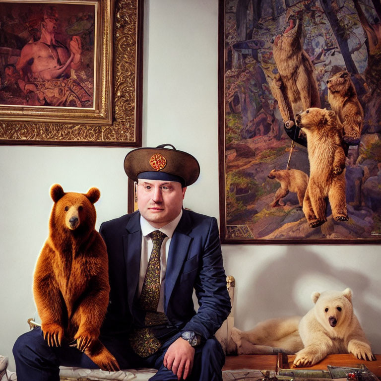 Man in suit with bear painting, seated brown bear, and polar bear cub in image.