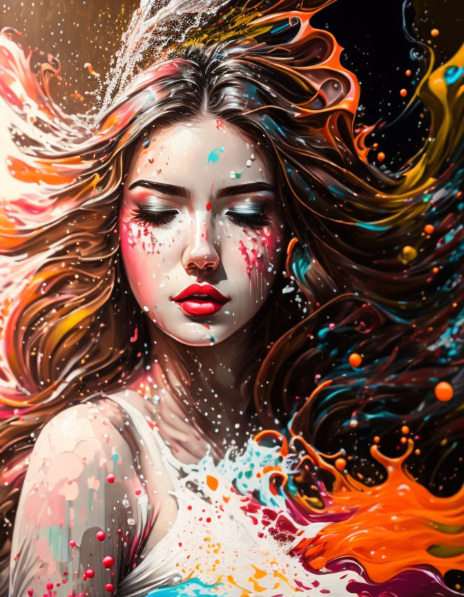 Vibrant artwork of woman with closed eyes in swirling colors