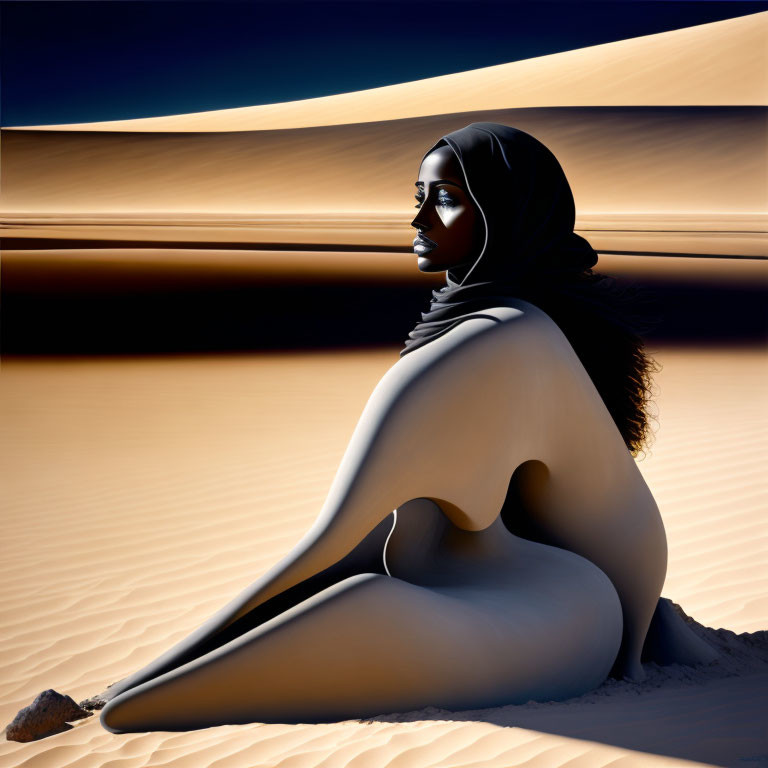 Illustration of person in black garment in desert landscape