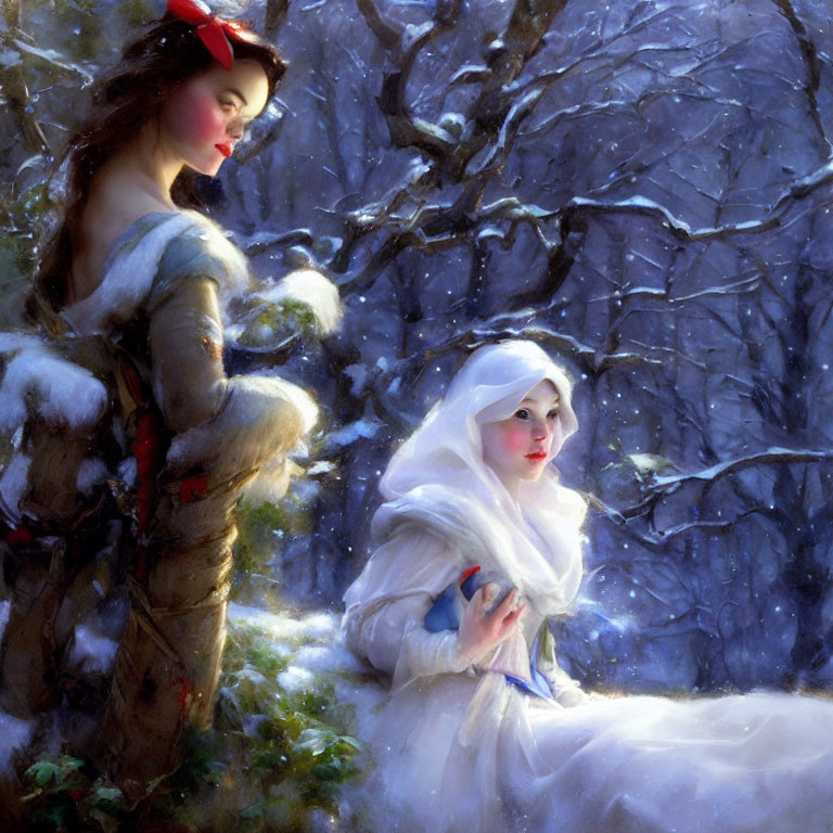 Two women in snowy landscape wearing traditional attire - one brunette with red ribbon, the other blonde with white