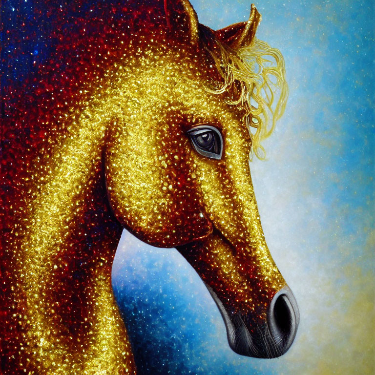 Golden horse with curly mane on blue background