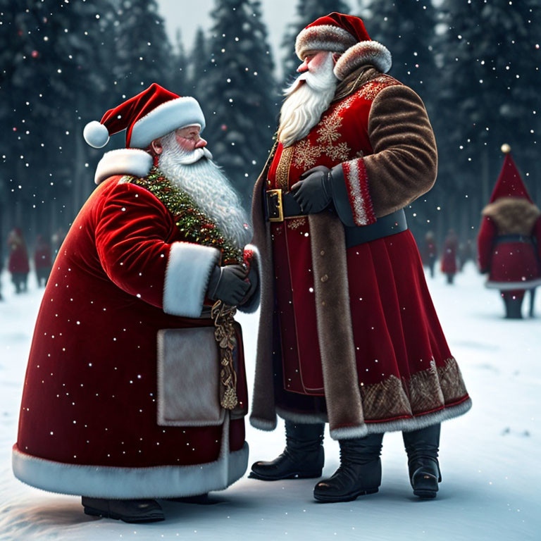 Santa Claus figures in red and brown suits shaking hands in snowy forest.