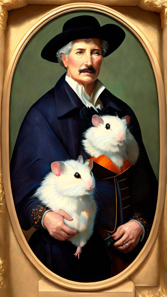 Whimsical portrait of mustachioed gentleman with guinea pigs