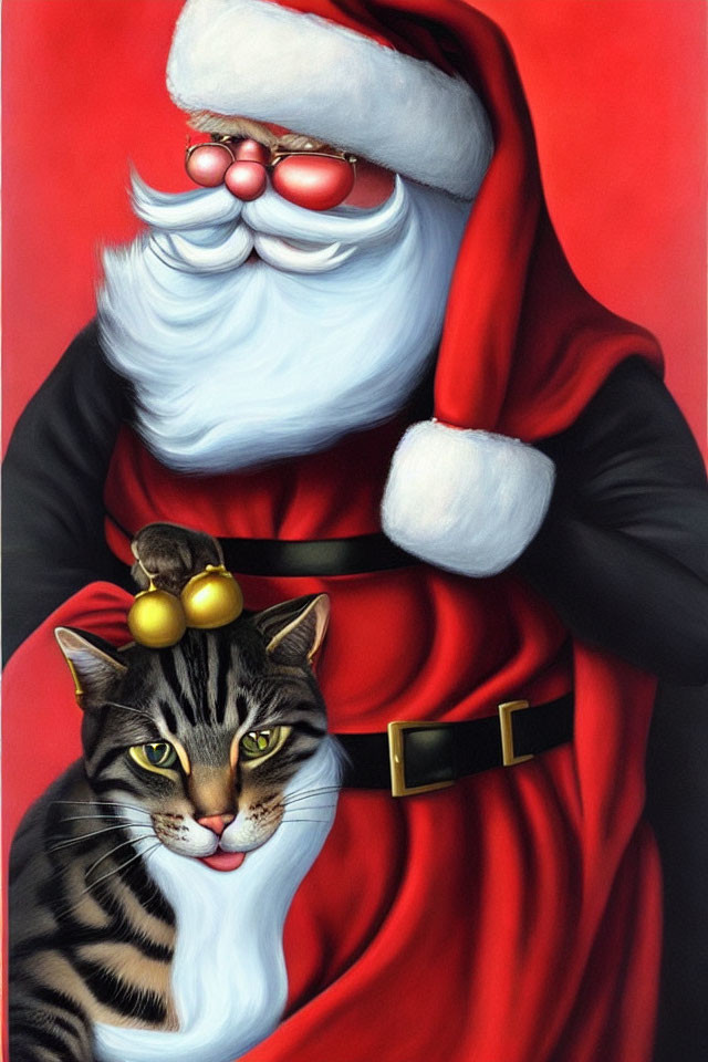 Festive Santa Claus with Tabby Cat on Red Background