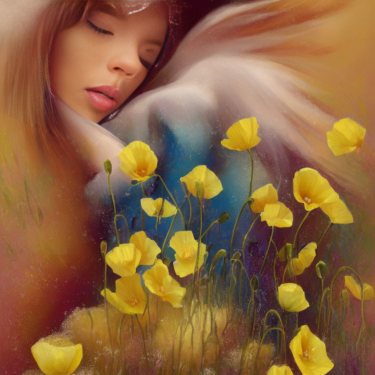 Person resting head in serene setting with yellow poppy flowers and starry backdrop.