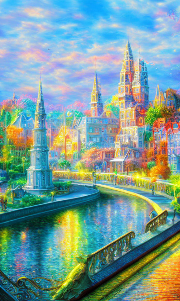 Colorful Painting of European City with River and Bridge