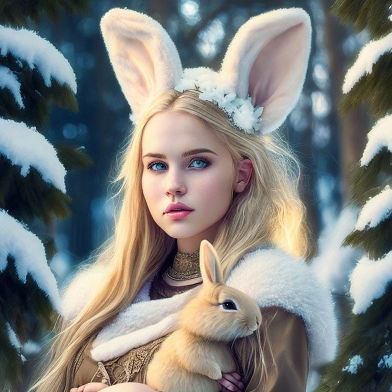 Woman with Bunny Ears and Rabbit in Snowy Forest