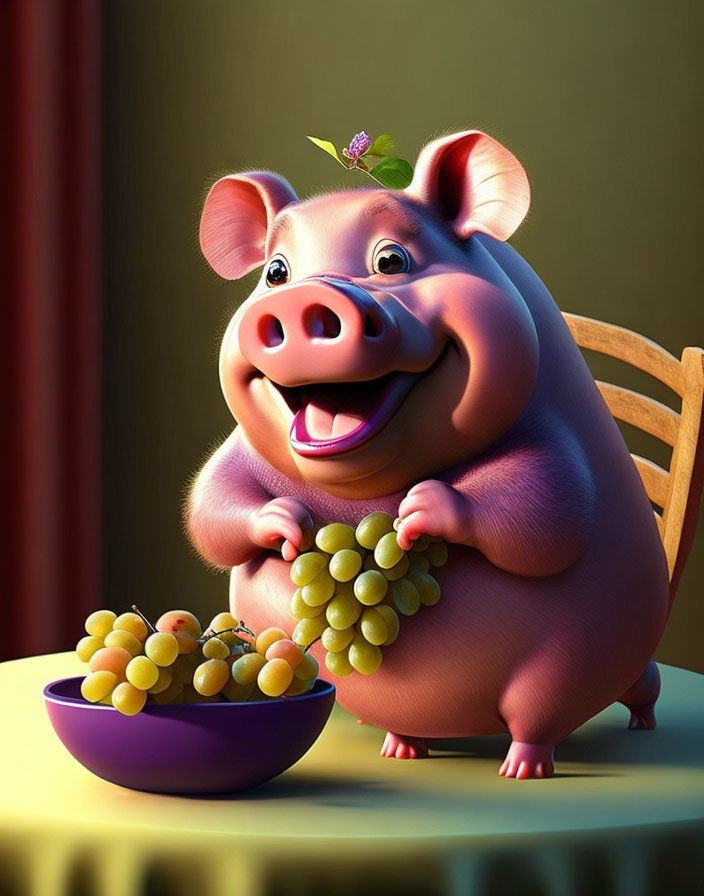 Colorful animated pig with butterfly and grapes at table