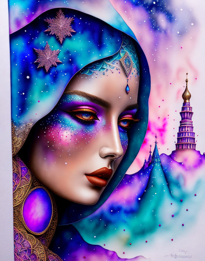 Colorful Illustration of Woman in Hijab with Cosmic and Architectural Designs