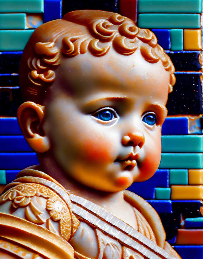 Porcelain doll with curly hair and blue eyes on blue mosaic background