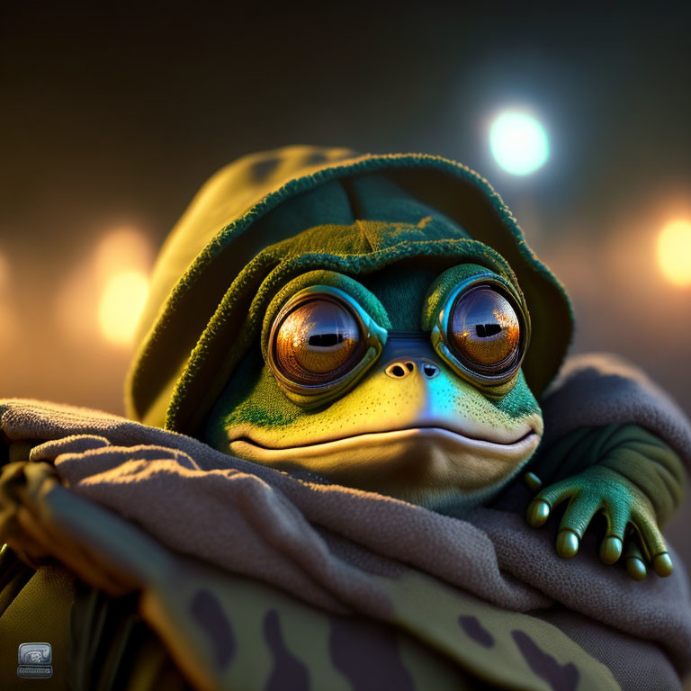 Stylized frog in camo hoodie with big eyes and scarf on glowing background