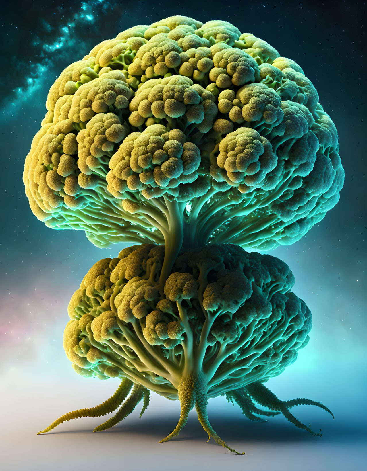 Surreal illustration: tree with brain-like canopy on cosmic backdrop