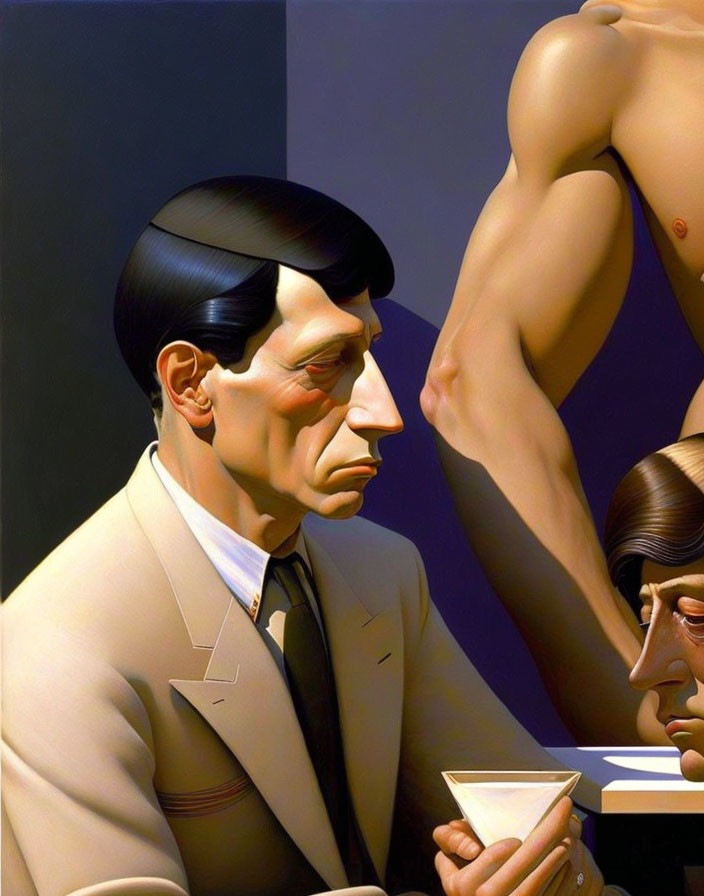 Two sharply-dressed men examining a book with a third figure in the background.