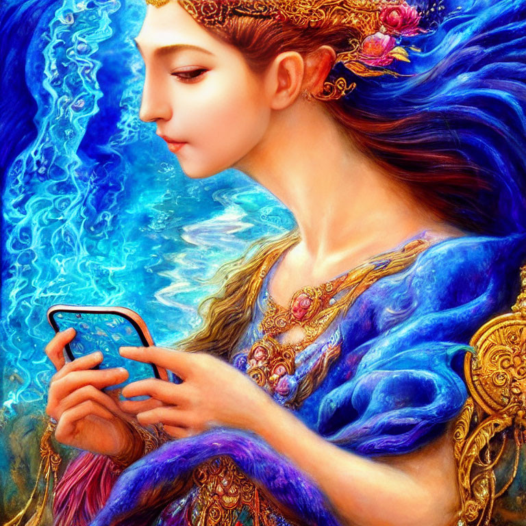 Colorful artwork of woman in gold attire with blue hair looking at phone on surreal backdrop