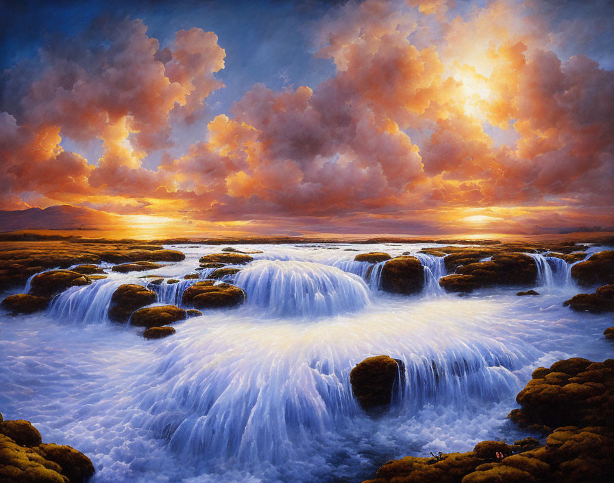 Scenic sunset waterfall with vibrant clouds over serene waters