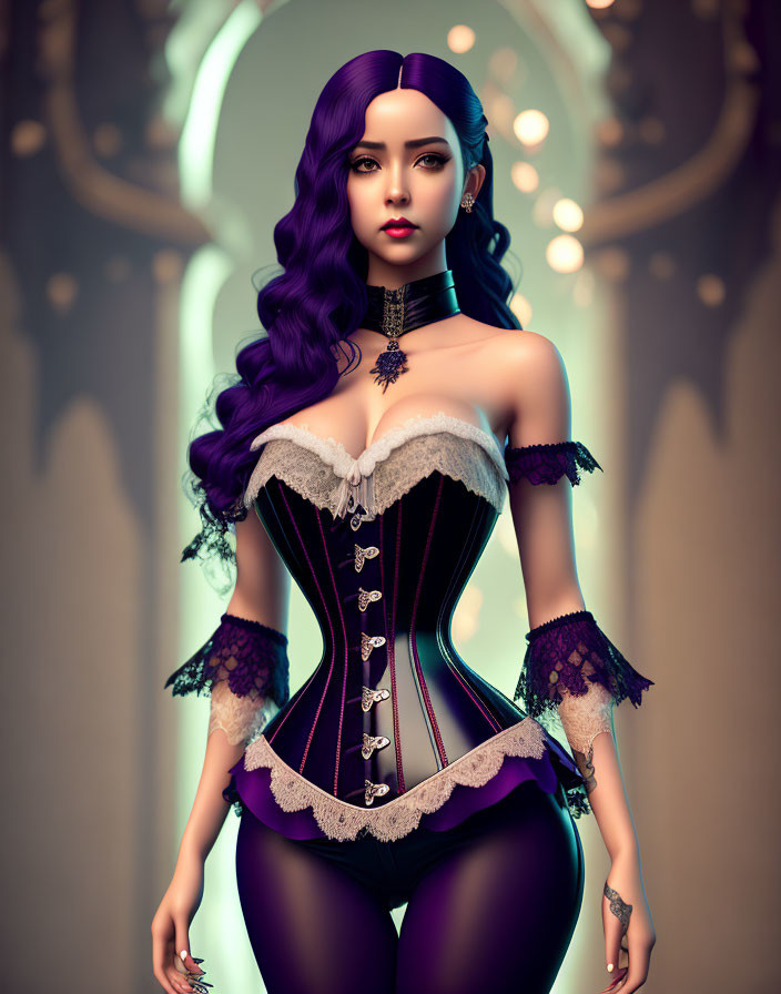 3D-rendered image of woman with purple hair in gothic black and violet corset against ar