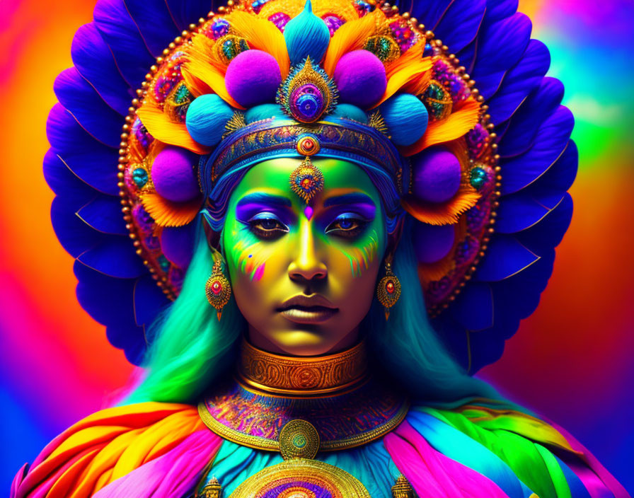 Colorful portrait of a person with artistic makeup and ornate headdress.