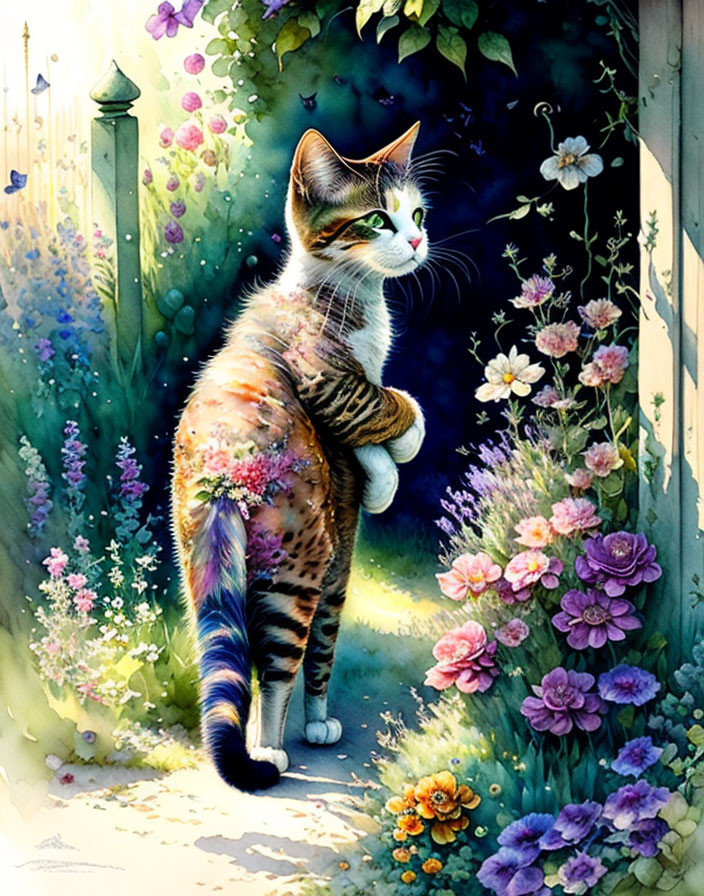 Tabby cat illustration in garden setting with vibrant flowers