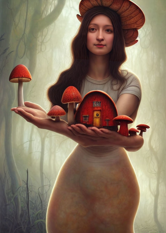 Surreal artwork of woman with mushroom cap head holding mushrooms in misty forest