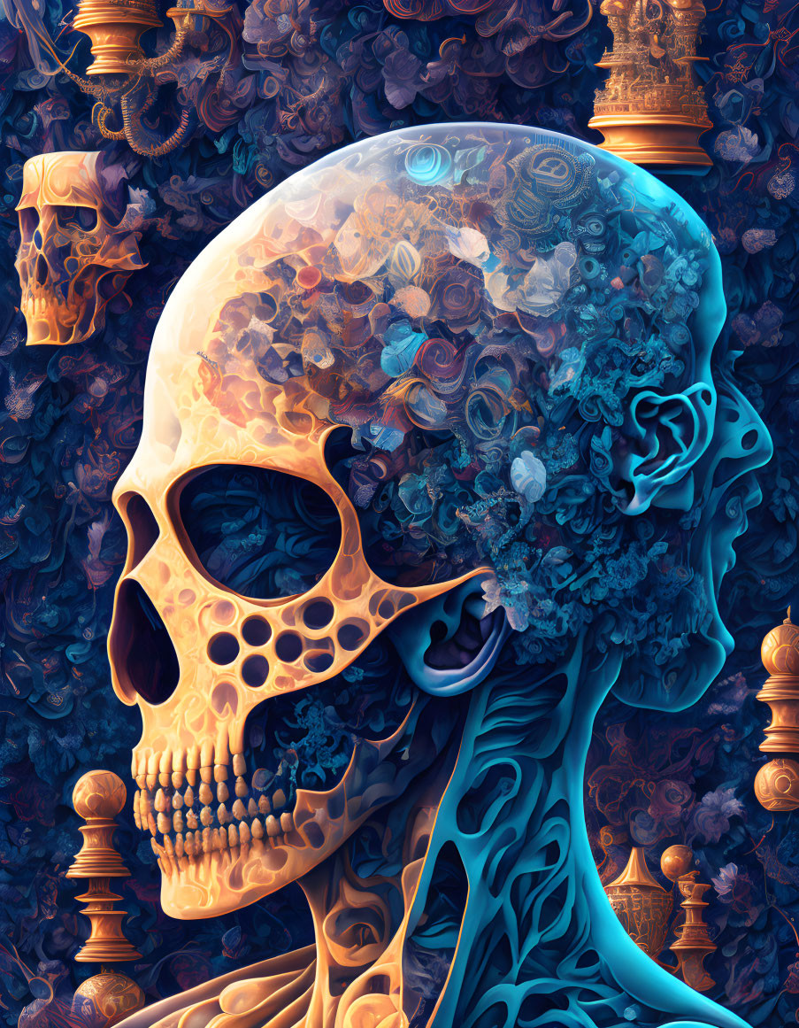 Detailed Human Skull Illustration with Floral and Mechanical Patterns