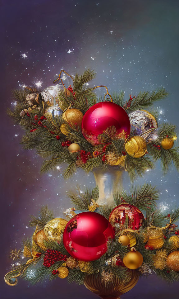 Festive Christmas arrangement with red and gold baubles and celestial background