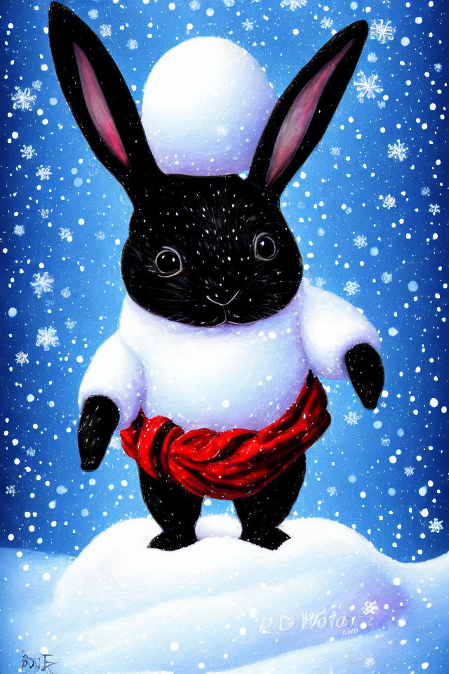 Black Rabbit in Red Scarf Standing in Snow with Snowflakes and Snowball