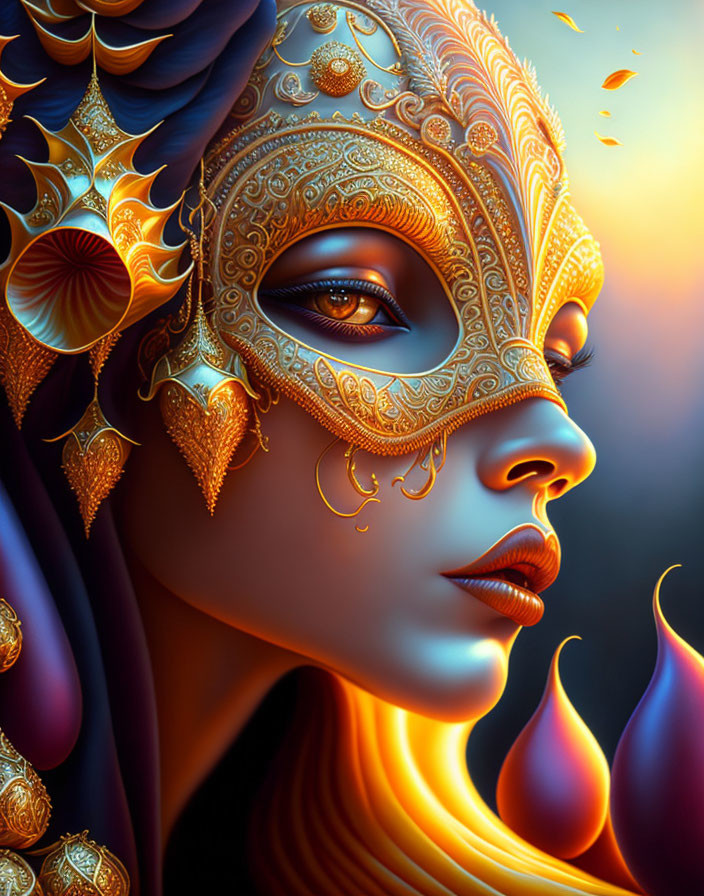 Detailed portrait of woman in ornate gold jewelry and mask with intricate patterns and warm colors on dark backdrop