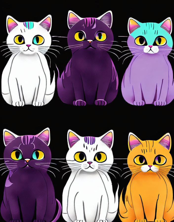 Vibrant cartoon cats with colorful coats on black background