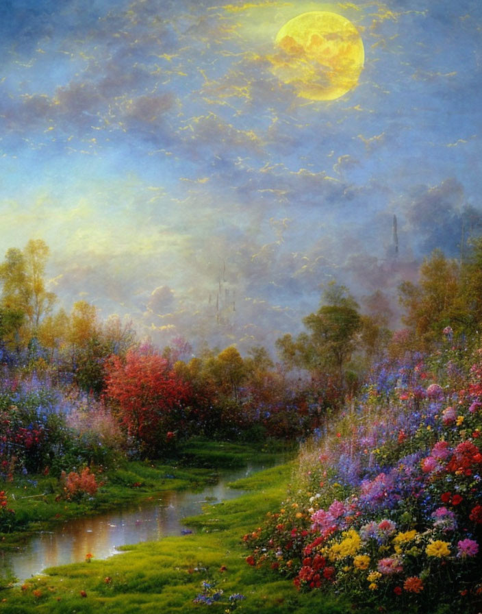 Moonlit garden painting with colorful flowers, tranquil stream, and glowing full moon