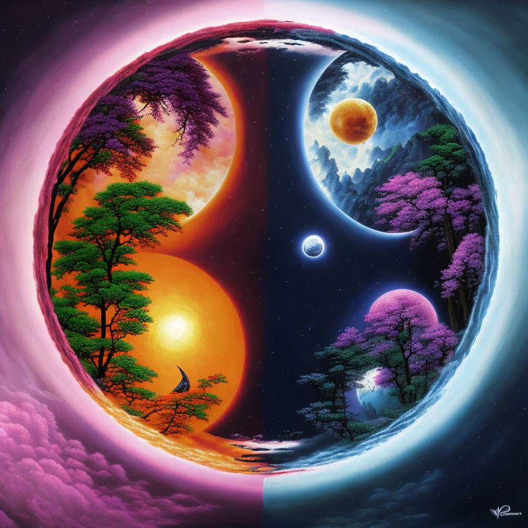 Circular Artwork Contrasting Daylight and Night Fantasy Landscapes