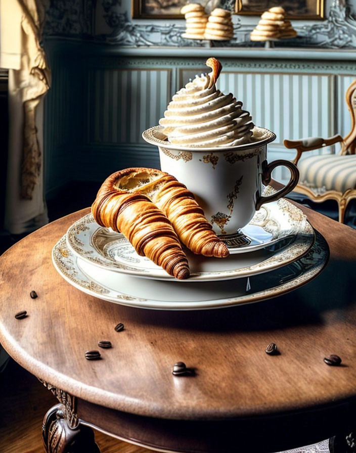 Whipped cream-topped coffee with croissants on ornate plate in elegant room