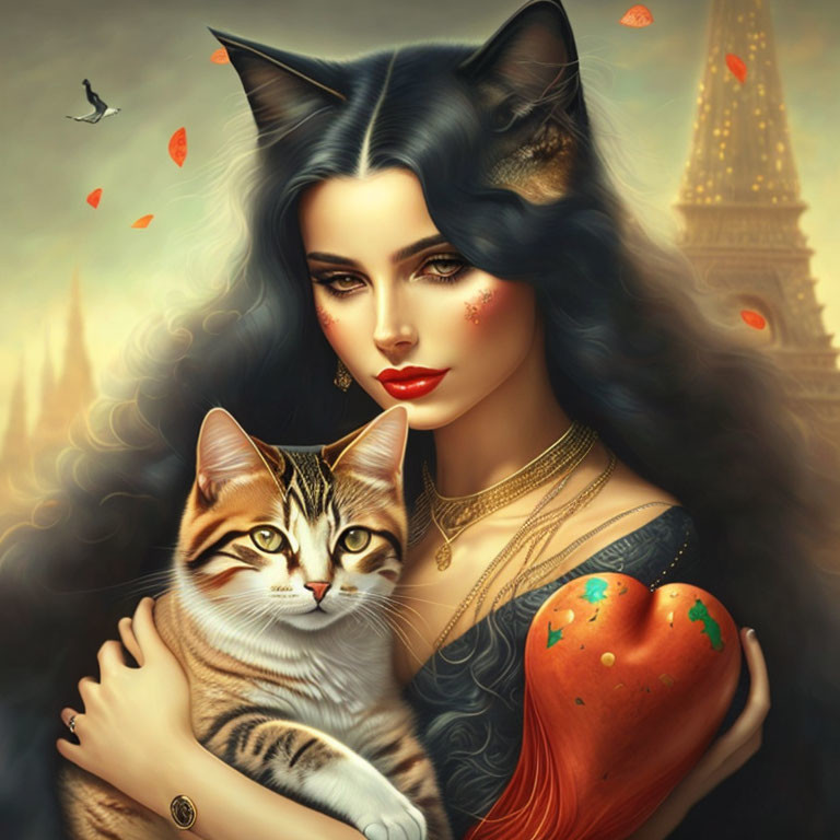 Surreal illustration: Woman with cat-like features embracing tabby cat in autumnal Paris with E