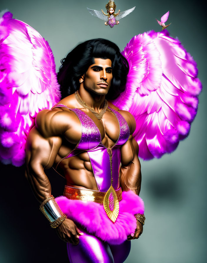 Muscular figure with pink wings and purple costume next to a winged fairy