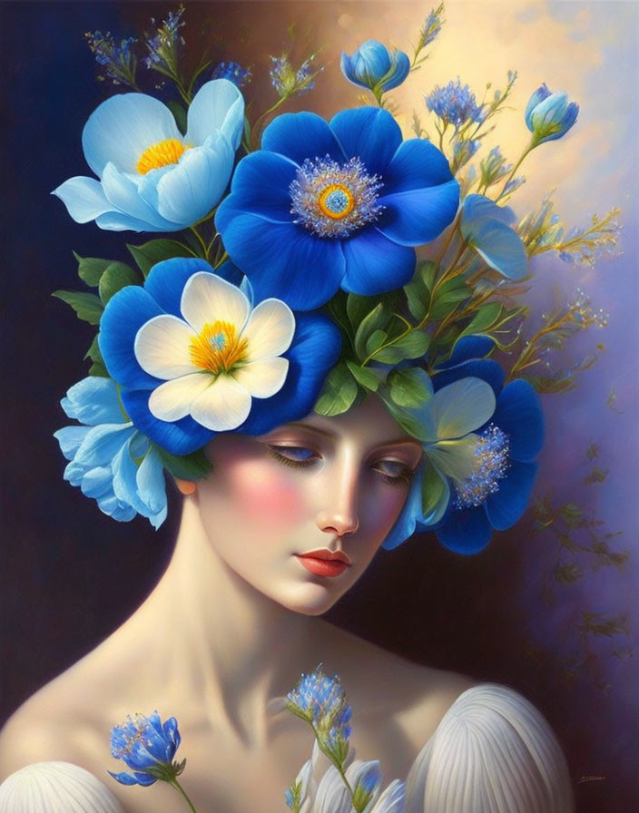 Serene woman with intricate blue flower arrangement