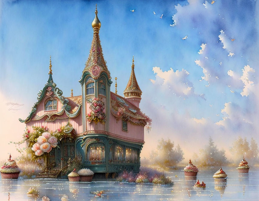 Whimsical painting of floating Russian-style house in pastel colors