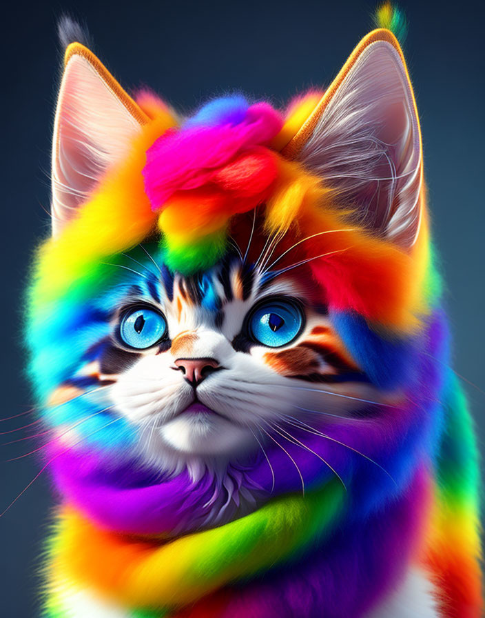 Colorful digital artwork: Rainbow cat with blue eyes on dark backdrop